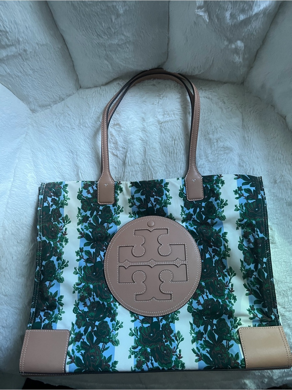 Tory Burch Floral Logo Tote in Beige and Green